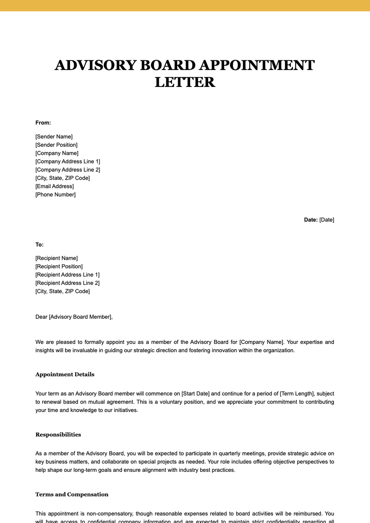 Advisory board appointment letter template with placeholder fields and orange accents_variant_1